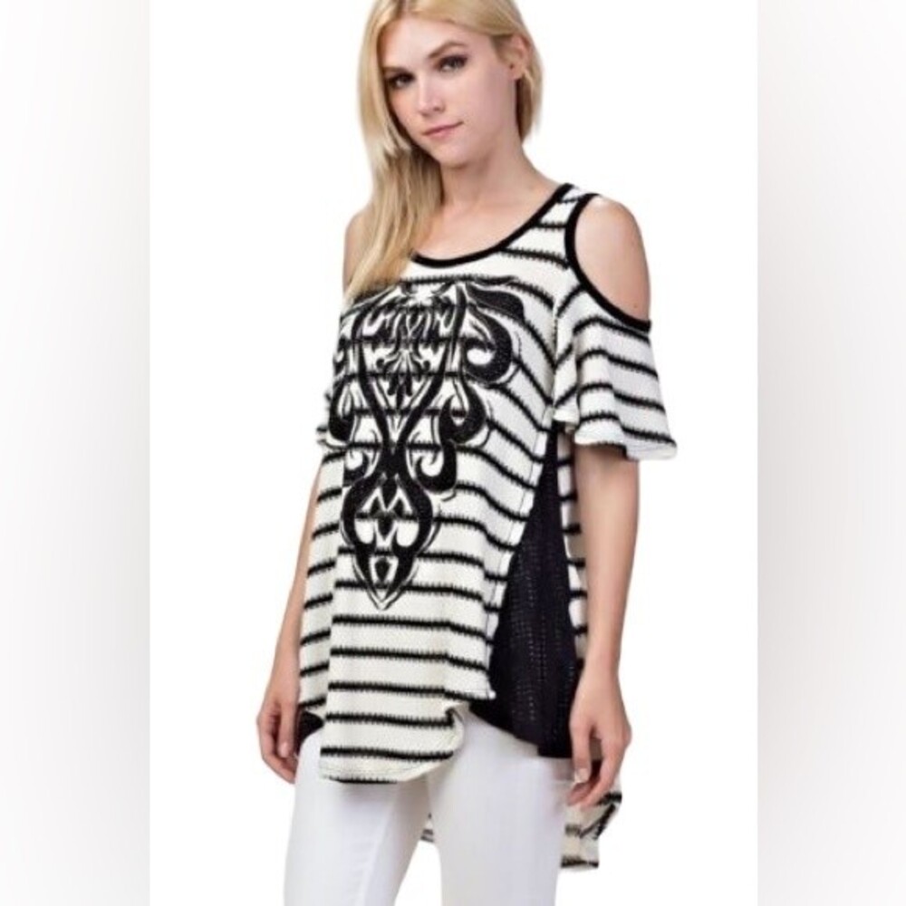 Vocal Striped Embellished Knit Cold Shoulder Top White Black Women's size Small